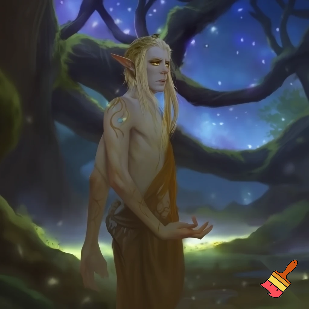  male wood elf circle of the stars druid pale skin blond hair hazel eyes