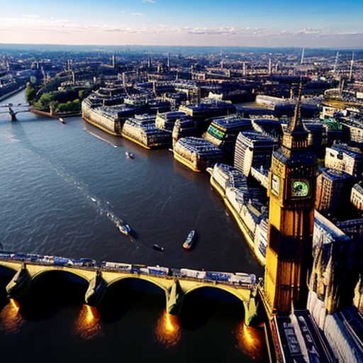 Aerial view of British and English city of London with Palace of Westminster, Big Ben, River Thames, sci-fi futuristic buildings, sci-fi futuristic skyscrapers and blue sky in 2625.