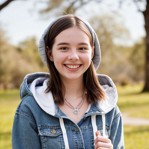 She looks like a bright, friendly Year 7 student with a warm smile and lively eyes. Her style is casual and trendy, often wearing jeans, sneakers, and maybe a hoodie from her favorite band. She might add fun accessories like bracelets or a necklace. With two dogs at home and dreams of becoming a zoologist, she has a slightly outdoorsy vibe. Overall, she appears cheerful, confident, and full of energy.