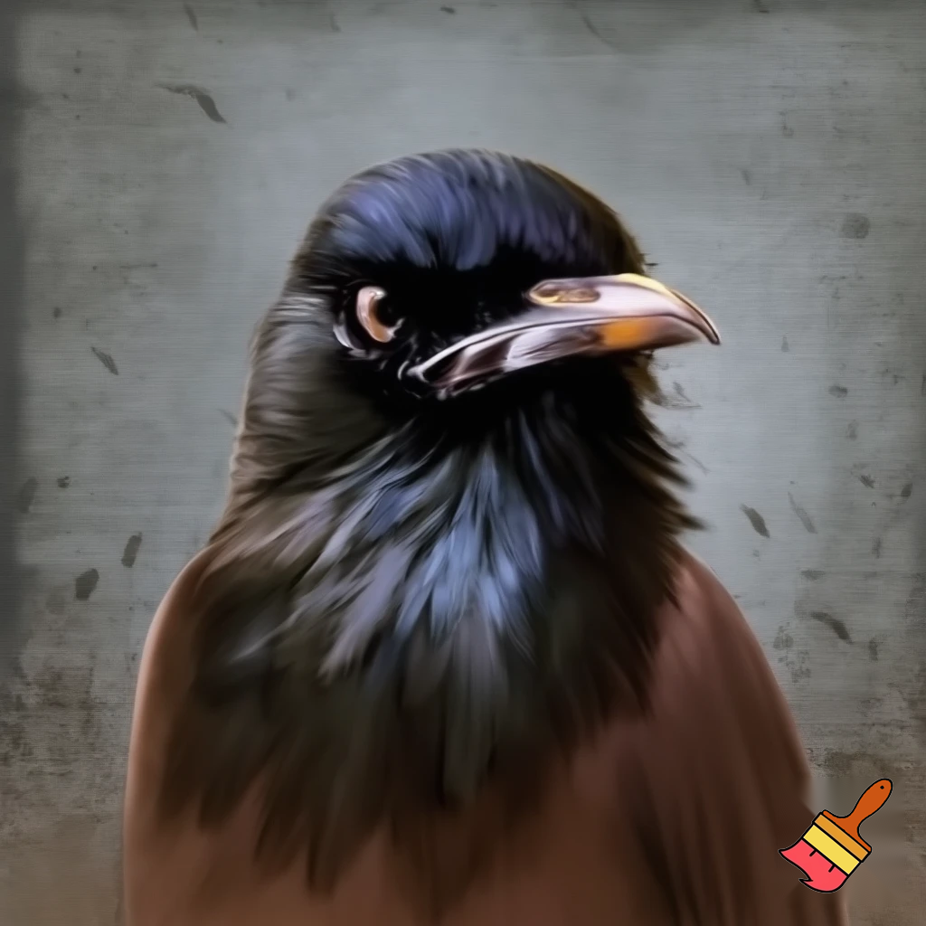 generate a image of a indian myna in a mugshot looking fierce, sinister, evil and deadly 