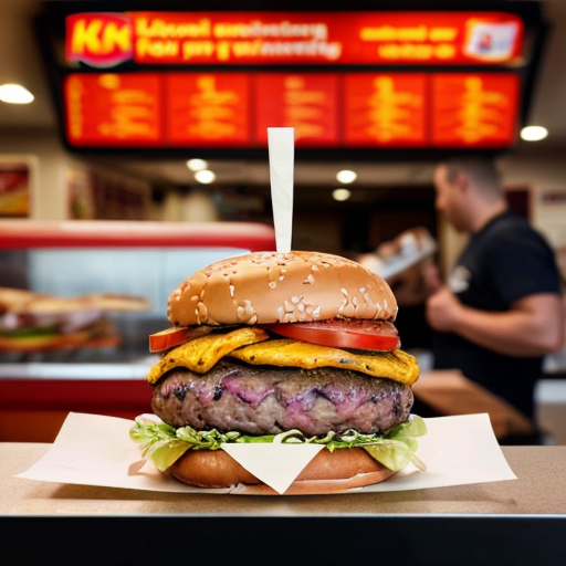a big burger picking up a human in Burger King, licking his lips as he readies for his feast