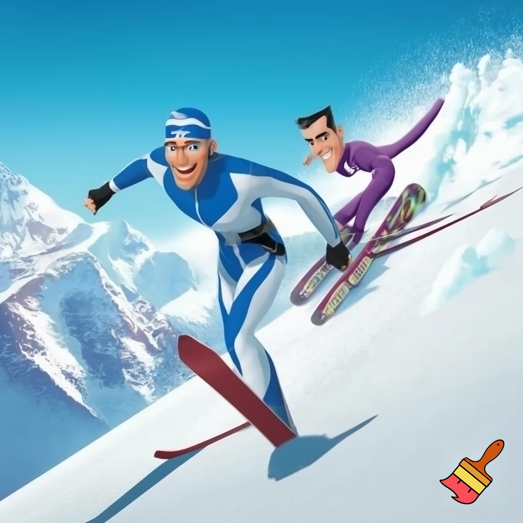 create me an image of sportacus and robbie rotten skiing