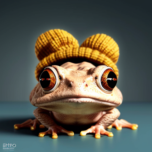 A laughable, puzzled animal toad in woolen, multicoloured winter clothings with woolen winter cap. Hyperrealistic style.