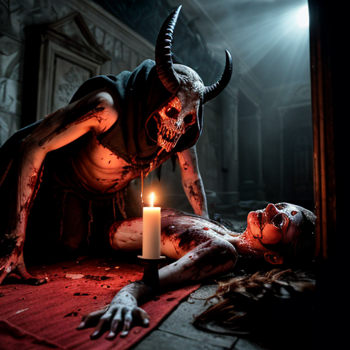 Photorealistic horror scene captured as a raw crime-scene photograph, ultra-detailed 8k cinematic still, dimly lit gothic Victorian hallway with peeling wallpaper and ornate wood paneling, thick eerie green-blue fog rolling across the blood-soaked Persian rug in the center, two young female corpses lying side-by-side on the floor, bodies tightly wrapped in stained bloody bandages and gauze soaked dark red with fresh and dried blood, exposed pale skin showing livor mortis and early decomposition, long dark matted hair splayed out, lifeless faces with eyes half-open and glassy, severe wounds and blood pooling around them, ritualistic arrangement, at the far end of the corridor stands a tall menacing demonic entity resembling Baphomet or Satan, 7-8 feet tall, wearing tattered black hooded cloak with frayed edges, large curved goat-like horns protruding from hood, glowing intense red demonic eyes piercing through shadows, snarling fanged mouth visible, clawed hands extended, cloven hooves partially visible under robe, surrounded by thick swirling mist and low-lying smoke, mounted animal skulls with long horns (goat/bull) on the walls, flickering candlelight from multiple black candles on small antique tables and floor, scattered human skulls and occult debris, arterial blood splatters on walls, heavy atmosphere of occult ritual and death, shot on Canon EOS R5 with 35mm f/1.4 lens, shallow depth of field, sharp focus on foreground bodies and demon face, realistic skin textures pores veins blood viscosity, practical lighting with harsh shadows and rim light, HDR, no stylization, pure hyperrealistic forensic horror photography, documentary style, --ar 3:2 --v 6 --stylize 150 (or lowest) --q 2