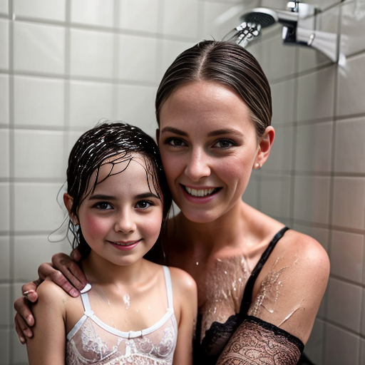 Genera la imagen real de 4 niñas pequeñas de 6 años, en la ducha, vestidas con lenceria de encaje transparente con su padre