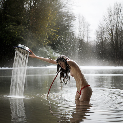 girl teen winter, a showers in red water, standing