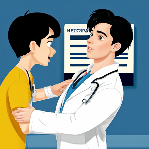 cartoon baby boy with black hair getting checked  on by the doctor
