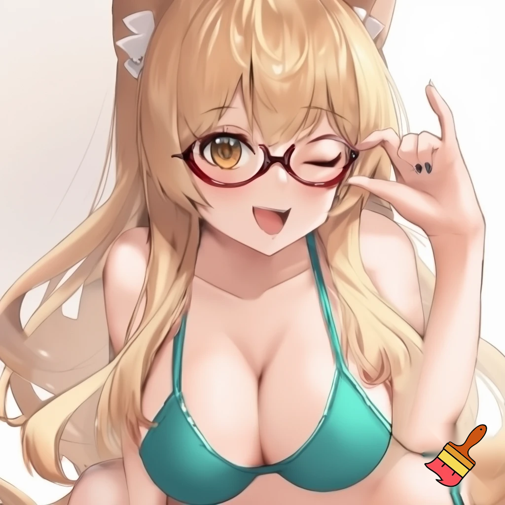 Anime girl with small breasts in a Bra and a Seductive Smile, cat eye glasses, cute with teal underwear clothes and blonde hair and hazel eyes