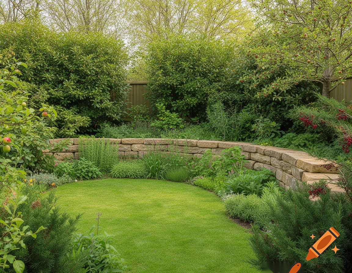 Realistic natural garden, excavator removed.
Green lawn in the center.
Low natural sandstone wall about 50 cm high along the top and right side.
Dense shrubs between wall and fence for privacy.
Herbs, fruit plants, and evergreen edible shrubs like juniper.
Natural, slightly wild but well maintained garden.
Spring or early summer, natural light, photographic style.