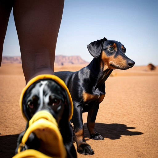 Make a picture of a black wiener dog with big human thighs farting in the middle of the desert with a big human nose and mustache