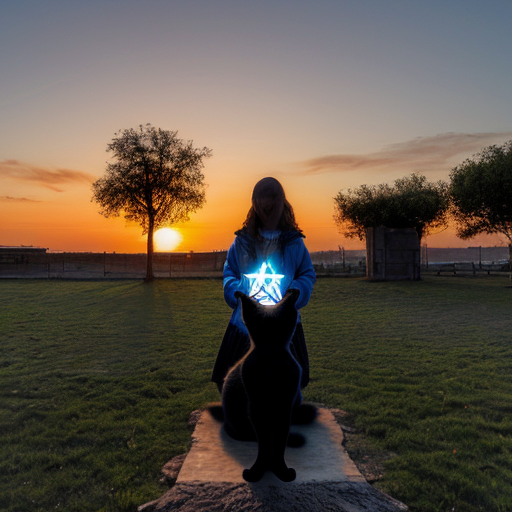 Portrait A sunset with a Jewish star in the middle glowing, a cat with tree legs and no tail sits on it. While a girl stands in the middle holding a balloon