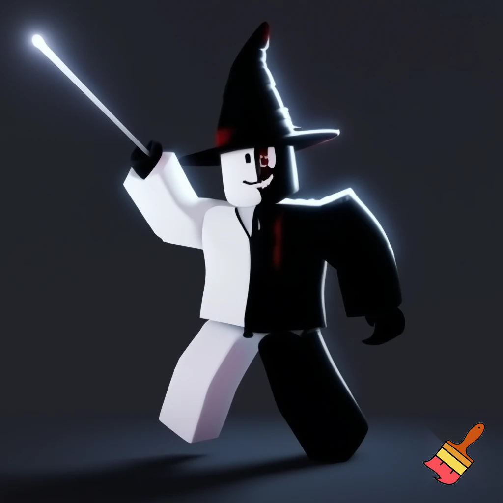 Roblox Person with white skin is wearing a white suit on one half of their body and black suit on the other half and half black mask and a wizzed hat and magic wand with black pants and black gloves and has some blood in his mask and smiling