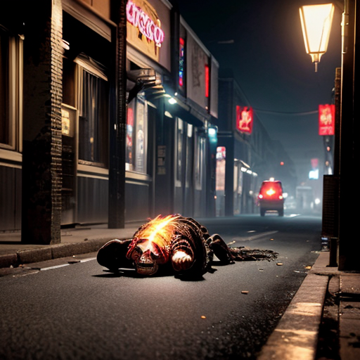a rain-slicked city street at night, neon signs flickering through the haze as twisted biomechanical abominations shamble between overturned cars and shattered storefronts. These grotesque humanoid hybrids fuse pulsating organic tissue with rusted plating, their exposed muscle fibers writhing around hydraulic pistons, dripping blackened oil and viscera onto the cracked asphalt. Hazmat-suited figures scramble in the background, their glowing containment units casting an eerie green light on a bisected robot corpse—its still-twitching upper half dragging itself forward using torn intestinal cords as grappling hooks. Half-melted faces stretch across metal skull frames, jaws unhinging vertically to release guttural steam hisses as they clutch eviscerated human torsos like gruesome shopping bags. A towering construct with six spinal columns fused into a centipede-like tail crushes a streetlight underfoot, its dozen mismatched eyes reflecting the distant explosion ripping through the quarantine zone's barricades