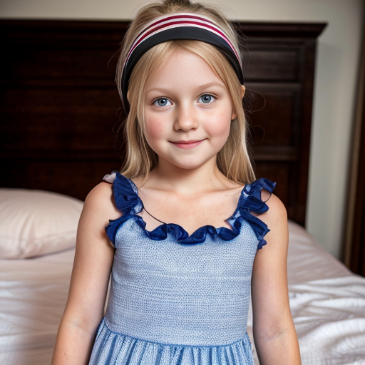 finnish little girl at night dress, very beautiful and eager, long blonde hair, on the bedroom, close up, mom at background
