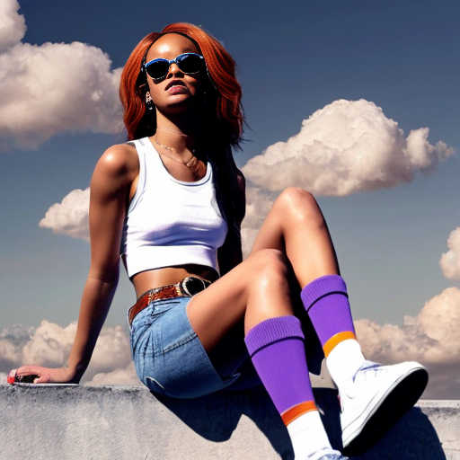 Rihanna orange tanktop belt blue short jeans purple socks orange and white sneakers on a sitting Cloud in the Sky
