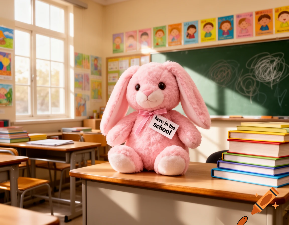 pink bunny says here in the school