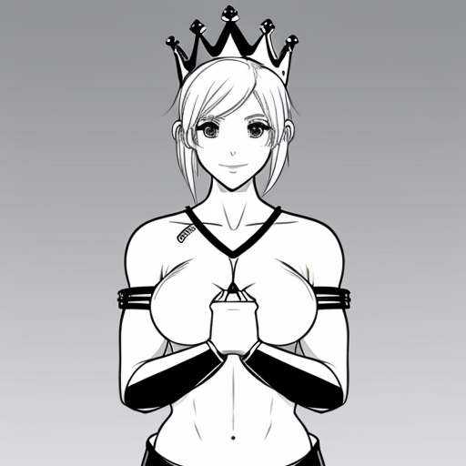 cute anime girl, huge muscles, she is a knight, she wears metal gauntlets, metal greaves and shoulder pads, she has a breastplate, her defined abs are exposed as well her upper arms, she has a tiara that has crown features
