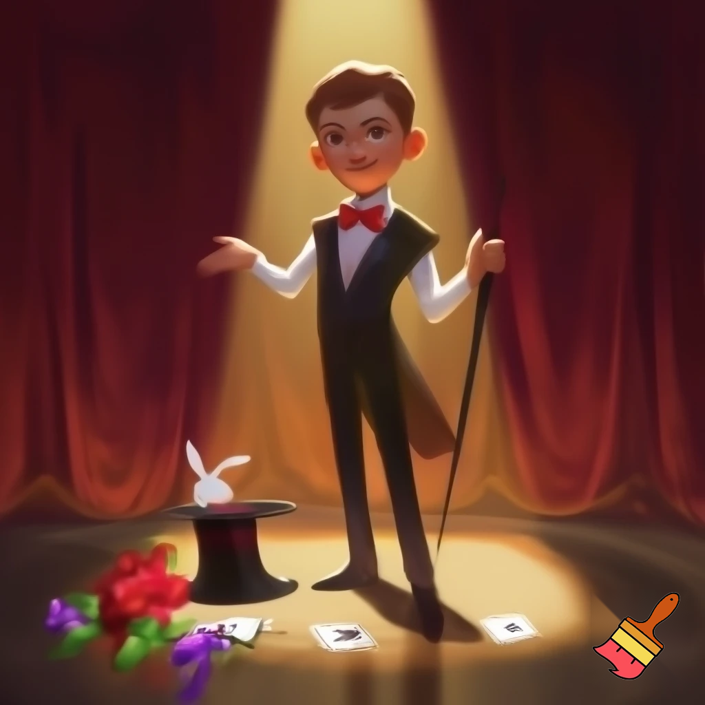 Preteen Boy Magician on Stage Tuxedo Red Bowtie Rabbit in Hat Cane Cards Flowers