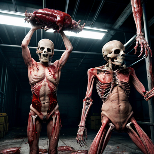 Photorealistic cinematic horror still, grim industrial human abattoir processing facility, blood-drenched concrete walls with exposed rusty pipes and flickering fluorescent lights, long conveyor belt carrying piles of naked flayed human corpses with realistic wet muscle tissue, exposed bones, and glistening blood, scattered entrails and meat chunks on the floor, workers in stained overalls and hard hats handling hooks and bodies with exhausted or horrified expressions, hanging dismembered torsos on overhead meat rails, massive background machinery like giant grinders, visceral body horror and industrial decay, inspired by Texas Chain Saw Massacre, David Cronenberg, H.R. Giger biomechanical style, and Goya's grotesque paintings, ultra-detailed textures, subsurface scattering on skin and blood, cinematic volumetric lighting, raw photorealism, 8k, horror atmosphere --ar 3:4 --stylize 50