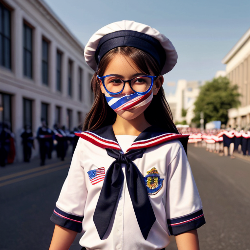 Cute adorable niña Chilindrina glasses con hair lazo con verano sailor uniforme escolar con zapatos negros escolar con calcetines blancos con sombrero sailor con grupal con caminar con desfile Estados Unidos América bandera con ciudad 7