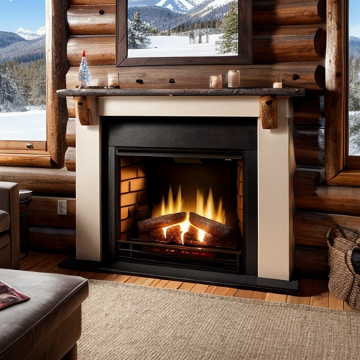 Photo in portrait mode of a warm fireplace burning in a cozy log cabin with a view of snowcap mountain overlooking a clear as crystal lake
