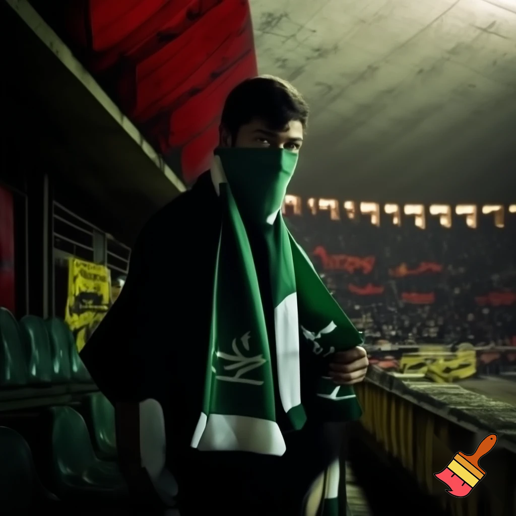 A Panathinaikos fan with a Panathinaikos scarf and clothes is at the Aris stadium in Kleanthis Vikelidis and is hiding so they won't find him.