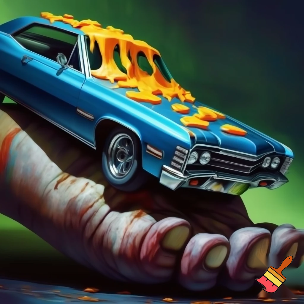 a blue 67 with cheese on a foot
