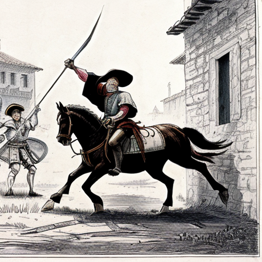 Illustration of a scene from Don Quixote, Scene 7.
A muleteer (arriero) punching Don Quixote.
Don Quixote falling to the ground, armor damaged.
Sancho Panza nearby, shocked and worried.
Old Spanish inn in the background.
Action scene but educational, not violent.
Classic book illustration style, 17th century Spain.
Soft colors, hand-drawn, clear composition.



