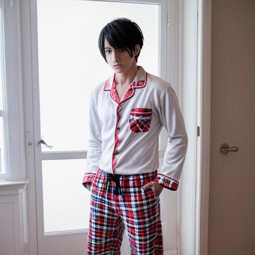 a anime boy
 with red plaid red pajama pants and white shirt standing up


