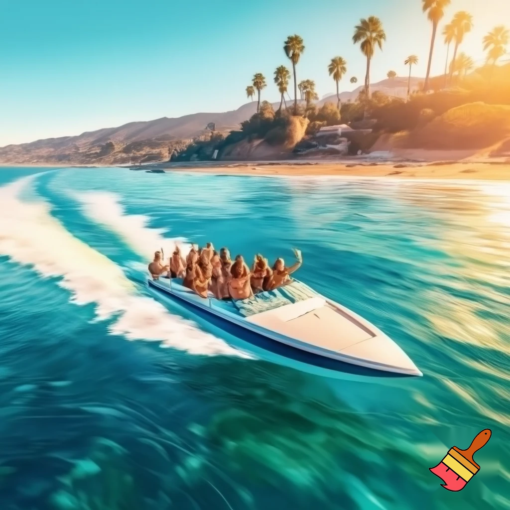 Create a water boat ride inspired in beachy Malibu with a fun vibe