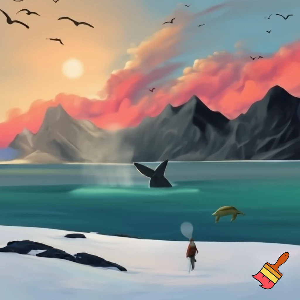 The sky was wrapped in a warm blanket of clouds whilst the sun peeped through.As I looked up,the seagulls cried out loudly as they gracefully flew across the sky.As I began walking across the velvety snow my cheeks turned bright red and my nose began to drip out water.When I opened my mouth a cloud of smoke burst out.

The mountains were grey and black.As I looked into the sky the clouds turned a bright pink and orange as they moved closer together like a happy family.The temperature dropped even lower and my legs felt like they were about to freeze  but i kept walking and didn't give up.The snow went onto my face and my hands started to become even colder but i still didn’t give up.

The waves splashed into the sky and sprayed onto my face.Whilst I wasn't looking a whale splashed out the water and into the sky my stomach dropped in shock.The water was a calm blue and green and I saw a turtle through it.
