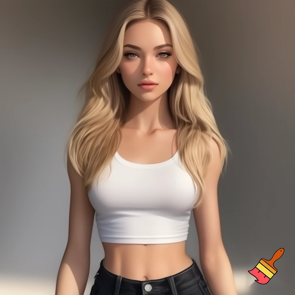 Photorealistic portrait of a blonde woman, approximately 22 years old, with long legs and a slim, athletic figure. She has long, naturally flowing blonde hair, light-colored eyes, oval face, almond-shaped brown eyes, average eye spacing, slim straight nose, naturally full lips, soft facial features, harmonious proportion  and delicate, harmonious facial features. Her overall presence is confident, natural, and modern.  Natural daylight. white croptop, black jeans.” 