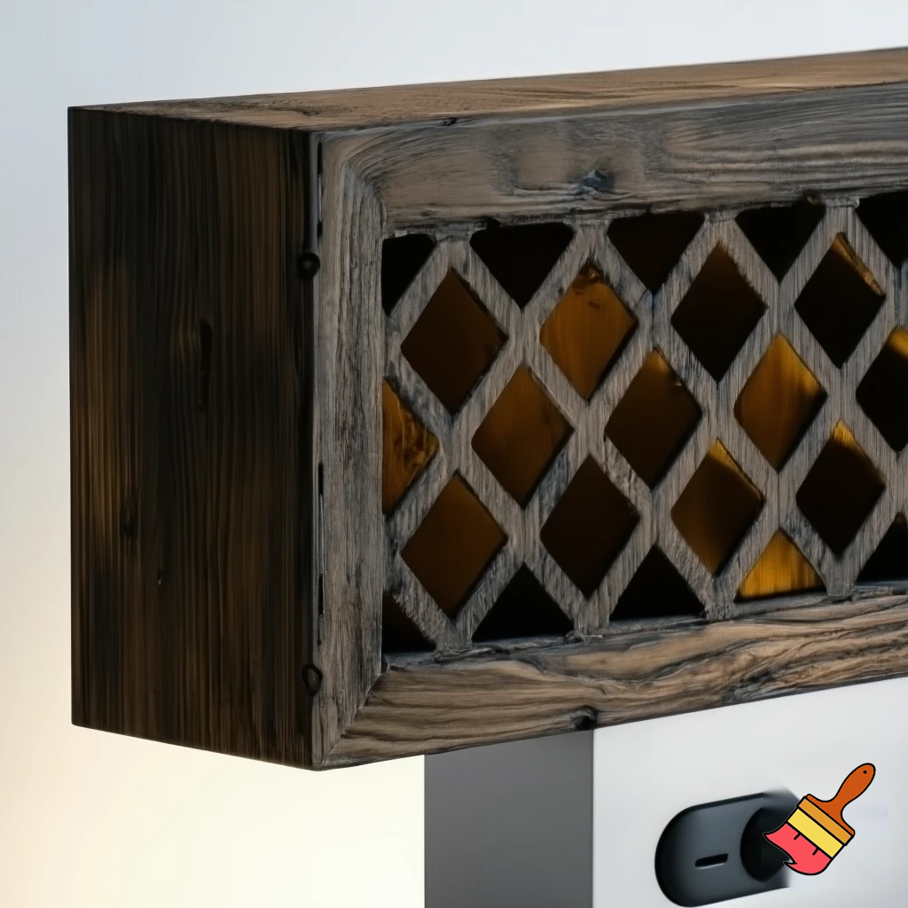 can you generate a light that is a long wooden cuboid and has indentations in it going diamond line diamond line and at the bottom is a base that has a charging socket, a colourchanging button and a on