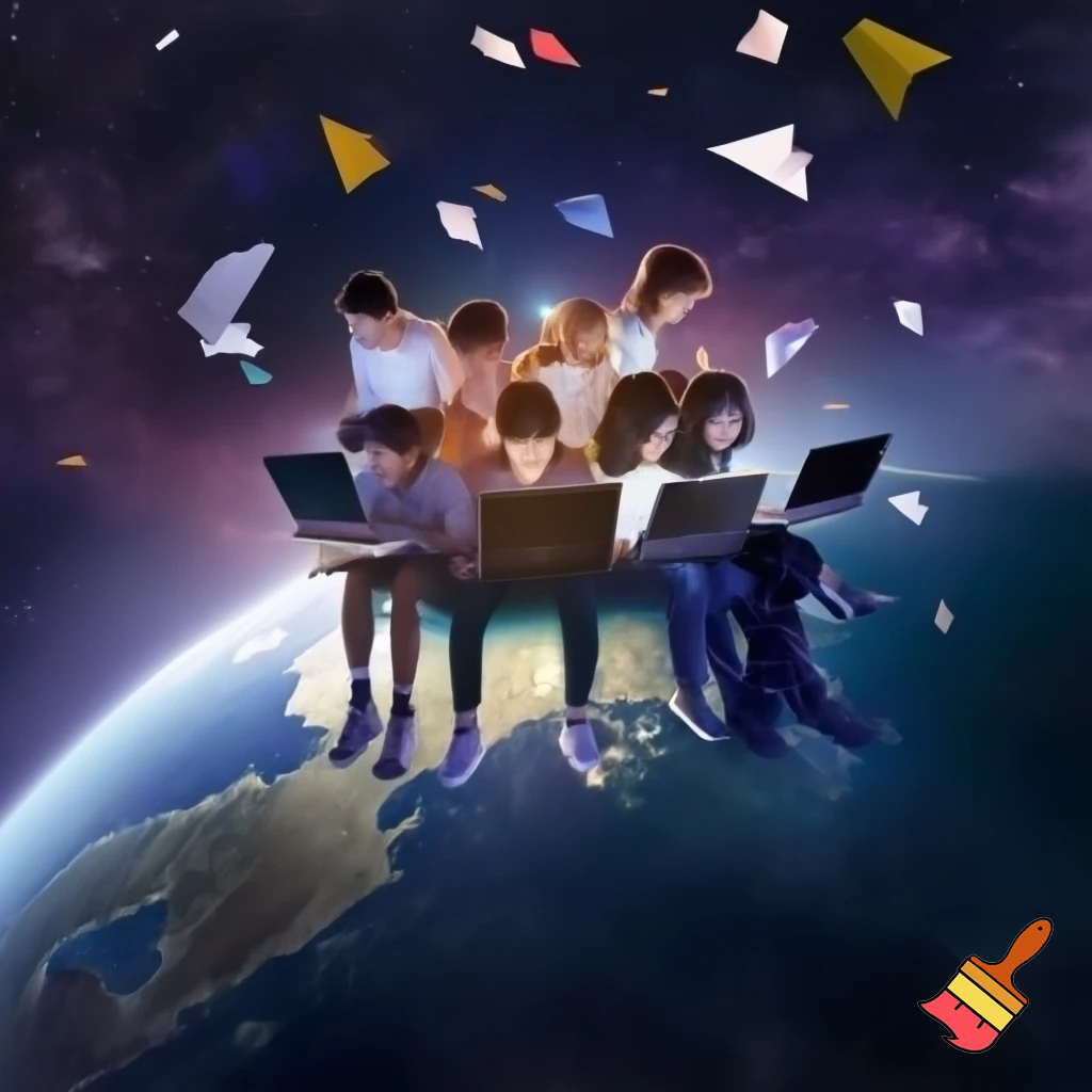 The earth in space with teenagers sitting all around it in front of computers and envelopes flying in the air 