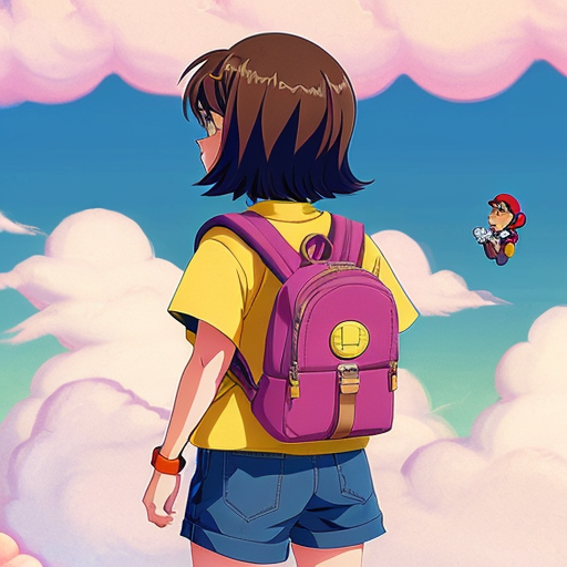 Little Dora purple backpack pink t-shirt orange sex short pants yellow socks white sneakers on a sitting big Cloud ride flying in the Sky the 1990s/early the 2000s mario