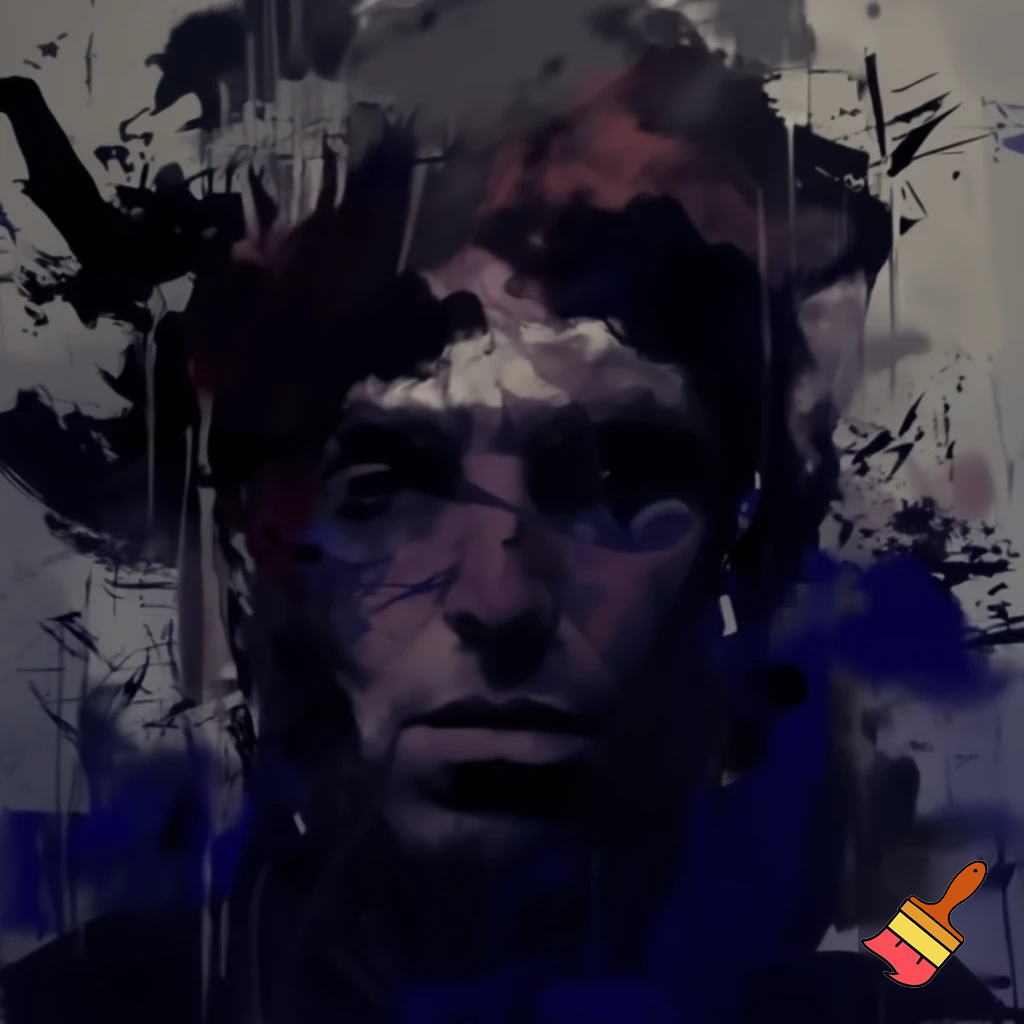 abstract expressionist portrait of Liam Gallagher in dark colours in a splashy free style