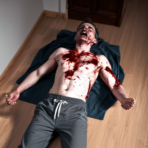 shirtless random man (neighbor), face are hiding by shirt, died already, chest open wounded, blood everywhere, eye closed, floor on corpse body, not pant less.