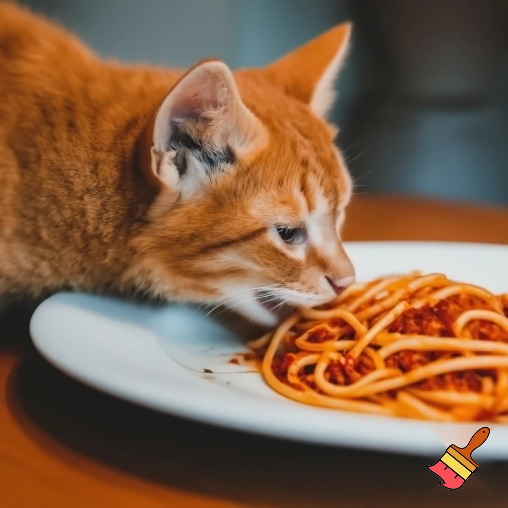 un petit chat roux femelle avec un petit sourire espiegle qui mange dans mon assiette de spaghetti bolognaise a table quand j'ai le dos tourné 