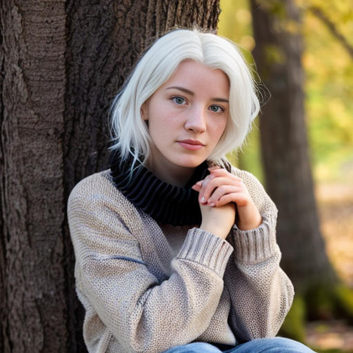 woman in her early twenties with white hair and violet eyes. wearing a cozy black sweater with a tan collar. she is sitting against a tree with only the bark visible behind her.