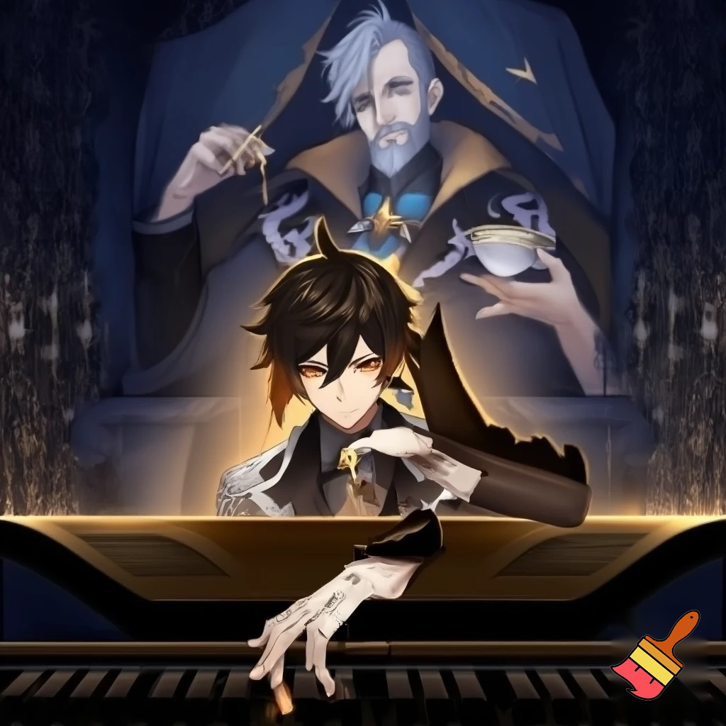 Чжунн Ли и Арлекино на обложке журнала. Оба персонажа из Геншина. Чжун Ли играет на рояле. Арлекино сидит на рояле и пьет чай
