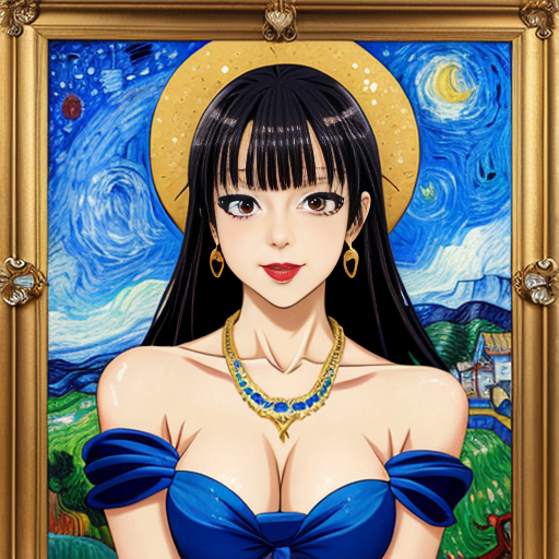 Generate an art-portrait of a young Latina woman. She wears a blue satin off-the-shoulder top, red lipstick. With jewellery: big golden necklace and great earrings with sapphires. The image has a background with gold flakes and gold leaf. Painting oil on canvas in the style of Vincent van Gogh. 