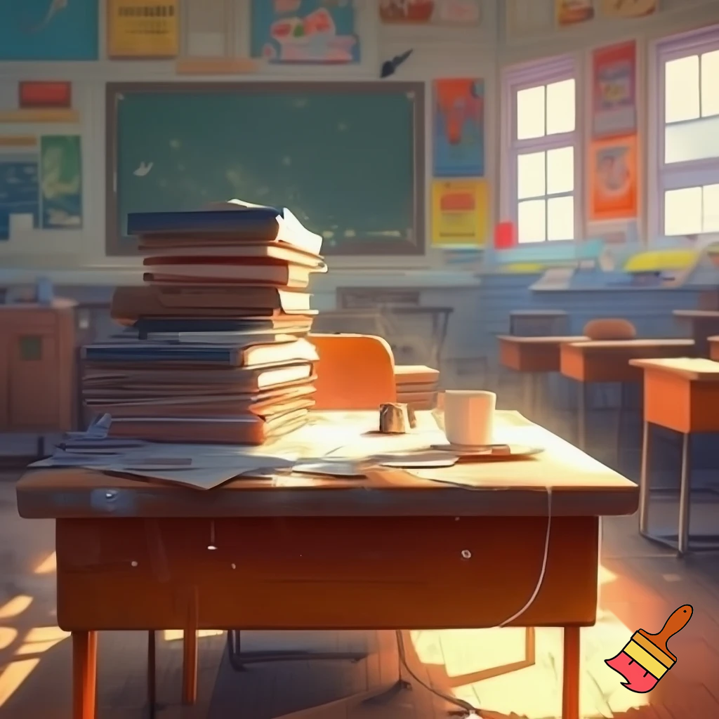 school background of a teacher desk view of someone (the cameraman ) standing in front of the desk no chair