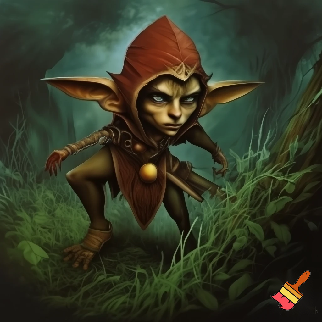 ambientazione fantasy, una ranger goblin femmina si aggira cauta tra le piante di un bosco misterioso con lo stile di Larry Elmore.