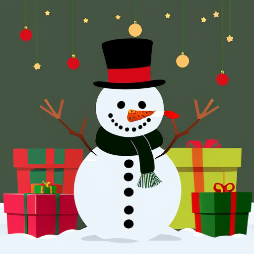 Snowman with a Christmas tree surrounded by gifts with the text Merry Christmas