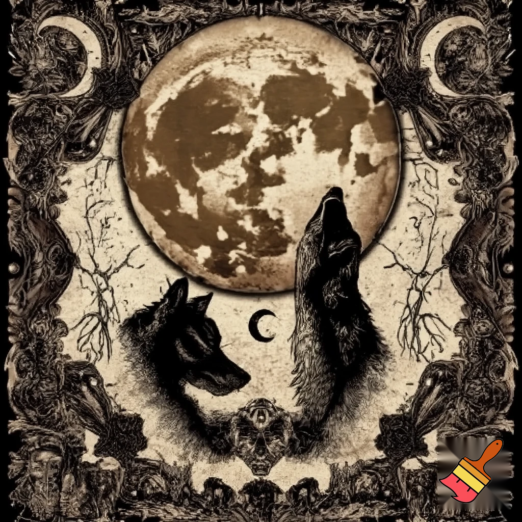A gothic vintage illustration design for a blanket. A large, intricately detailed full moon with deep visible craters dominates the top center, casting a dramatic presence. Below it, two realistic wolf heads face each other in profile, illustrated in a dark sepia and black fine-line engraving style with sharp linework and intense shading. Surrounding the scene is an ornate gothic border featuring baroque scrolls, thorny vines, wilted roses, crescent motifs, and small occult-style stars. The overall palette remains limited to sepia, black, and cream, with a distressed aged-paper texture to enhance the antique gothic mood. Solid fills only — no gradients, no glow, no shadows, no modern effects. The final result should feel dark, mystical, ceremonial, and heavily gothic, perfect for a dramatic blanket design.
