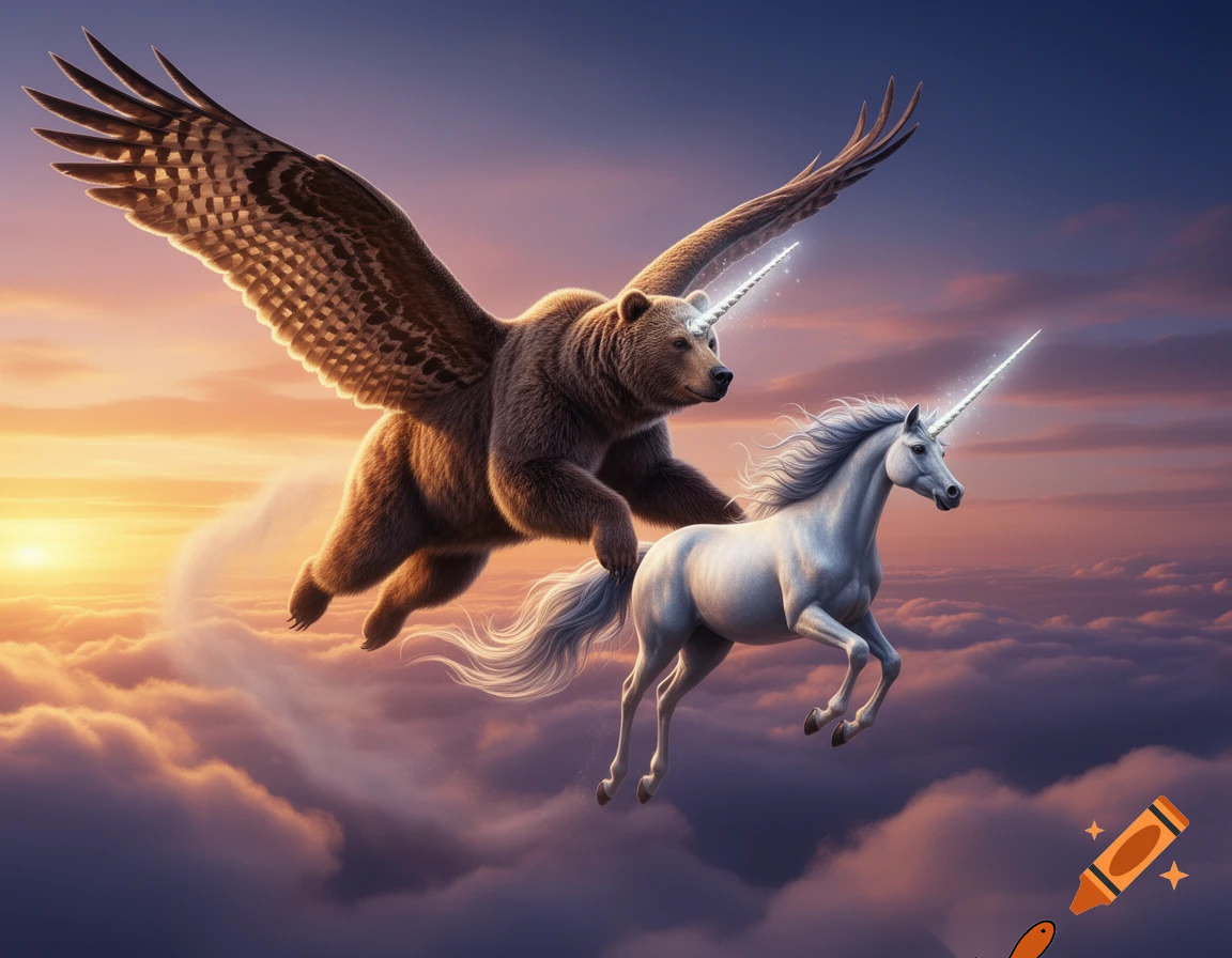 bearicorn flying in the sky with a unicorn together
