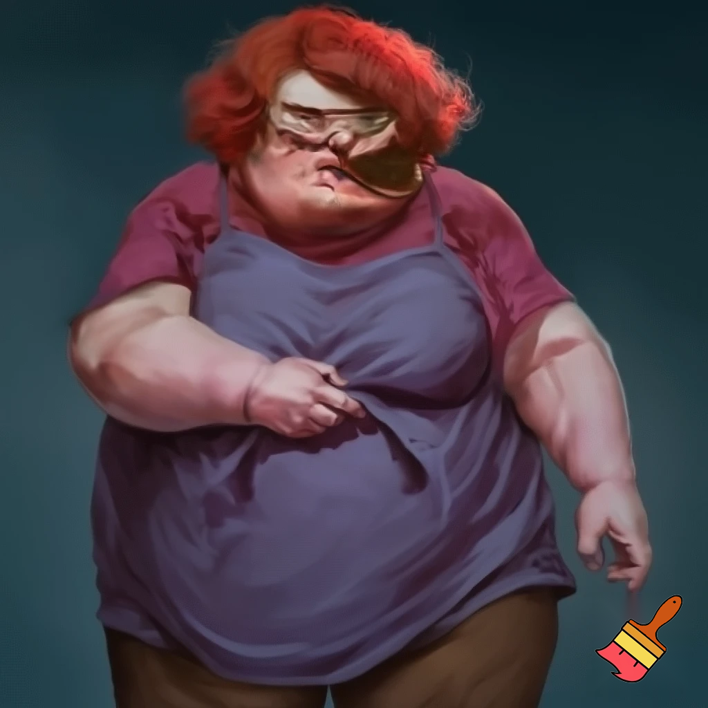 short, fat , obese short women with a big chubby neck and red hair, menacing, mean