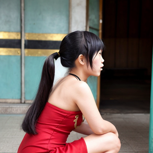 Anime style short woman from indochina, she wears a short red dress with gold embroidery, she has her bkue-black hair up in either 2 buns or 2 ponytails. She has a determined look on her face. We view her from a few steps away face-on. She is crouched forward looking like she has just finished a backflip.