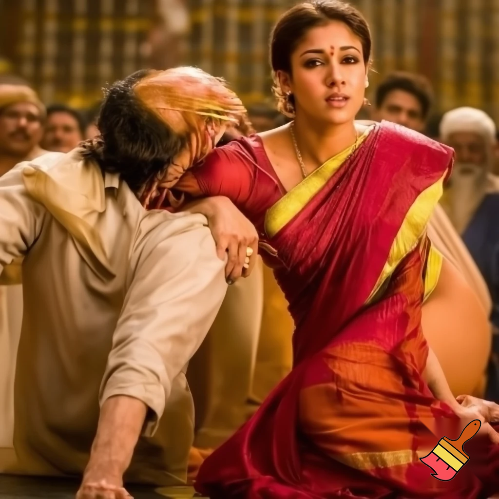 Dominant strong nayanthara saree rapes her weak husband on their wedding anniversary by kneeing him on the groin to forcefully submit him during a domestic dispute between them to decide on the ruler of the house. she thrusts force on him to create maximum pain as she subdued him. His strength is of no match to her powerful hold and he couldn't free himself from her hold. Her beauty is soo seductive to him but he has no energy left to challenge her and she completely obliterates him. He yields to her dominance by submission. Reveal her toned back, body, strong buttocks and boobs in saree and his sweat as a result of tiring fight. Make it realistic and believable. She punishes him relentlessly as she exposed her strength, figure,and emotions, no one there to help him as he pleads for mercy