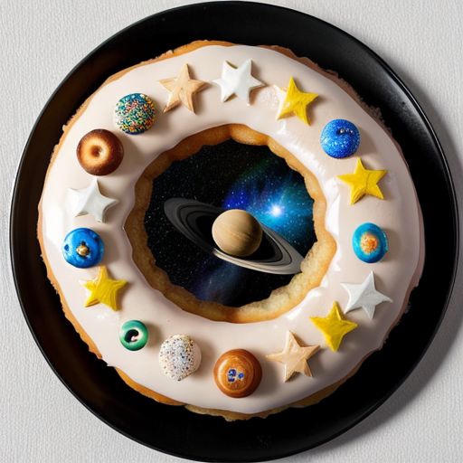 give it a space theme and add multiple stars and planets in the background Saturn Ring Donuts: Carmel and cream filled donuts with golden dust and a pineapple ring on the top to represent saturn. Also have three donuts on the plate  Put it in outer space with a galaxy behind it and make the desert more Saturn like 
